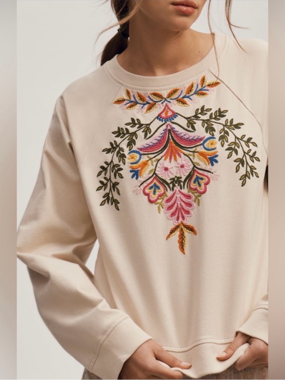 Anthropologie Cream Embroidered Floral Crewneck Sweatshirt - Picture 2 of 8